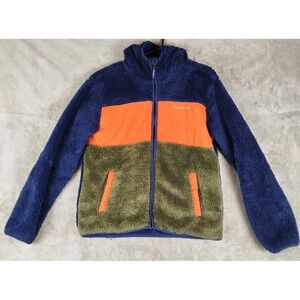 Eddie Bauer Full Zip Hooded Fleece Sherpa Jacket Boys Large Blue Orange Pockets